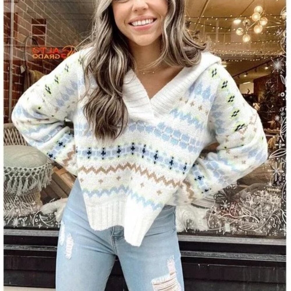 NEW American Eagle Fair Isle Knit Hooded Sweater L